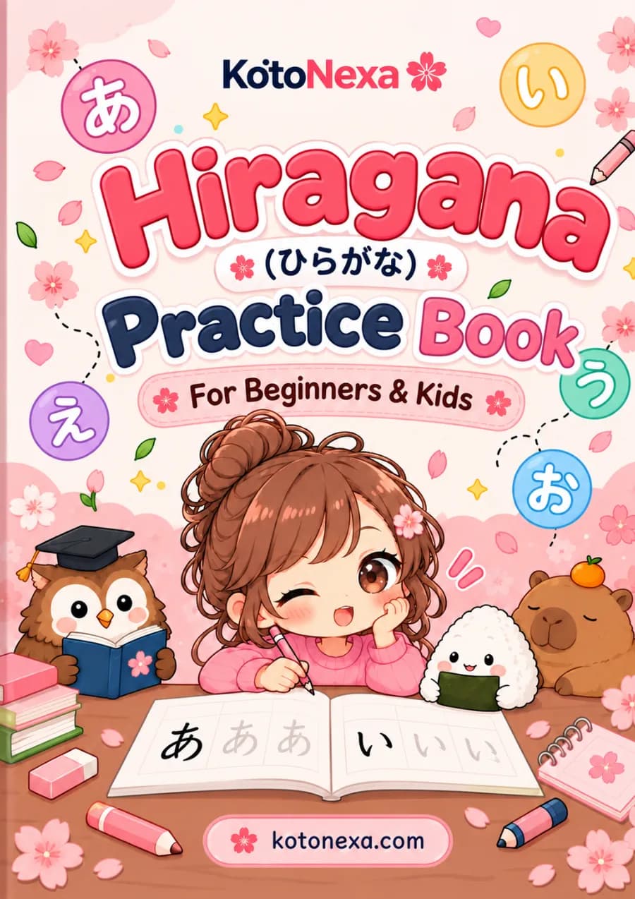 Cover of the KotoNexa Japanese Hiragana Practice Book for Beginners & Kids