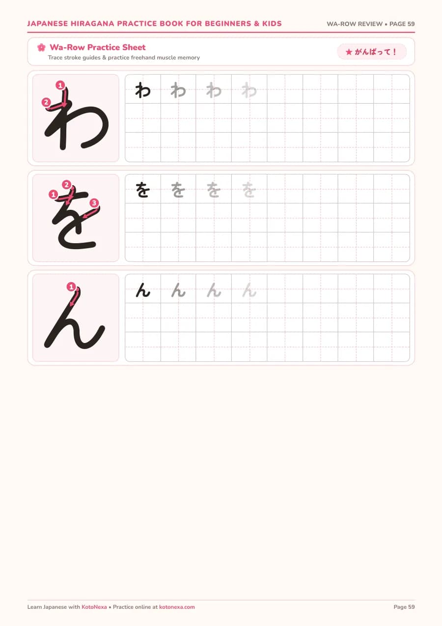 Workbook page 59: Practice sheet: わ, を and ん