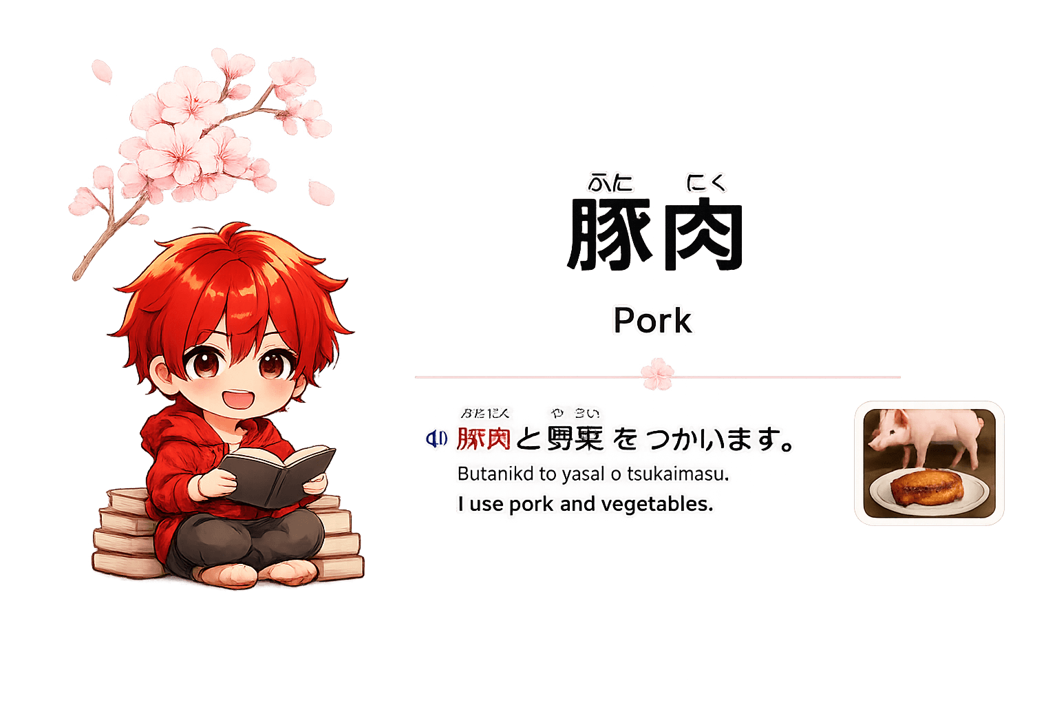 Example vocabulary card with a Japanese sentence, audio, and an illustration